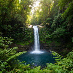 Obraz premium Waterfall and blue pool in Lush Green Forest trees and leaves 