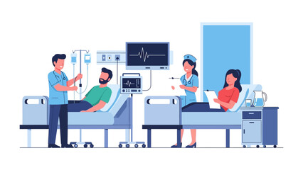 Hospital Care: A vital scene in a hospital, nurses and patients engage in daily routines of checkups, medical monitoring and infusion therapy.