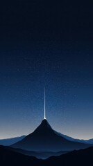 Mystical Mountain Peak with Light Beam Under Dark Blue Sky.