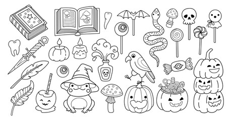 Halloween graphic outline elements for coloring book. Pumpkins, jack-o-lantern, caramel apple candy, wizard frog, candle, black raven, eyeball lollipop, magic book. Witchcraft collection.