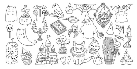 Set of halloween outline comic elements for coloring book. Pumpkins, spider web, coffin, ghost, bat, candle and haunted castle. Collection of spooky scary creepy vector isolated illustrations.