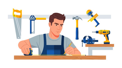 Crafting Precision: A focused artisan meticulously measures and marks wood in his workshop, surrounded by essential tools of his trade. Embodying skill and the craft.