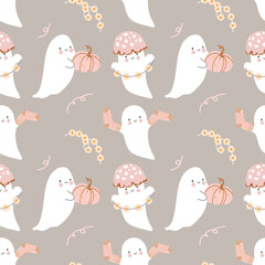 Seamless autumn pattern with hand drawn cute little ghosts on beige background. Funny ghosts, pumpkins, garlands, socks in pink. Cute cozy background for Halloween. Pastel colors. Vector illustration.