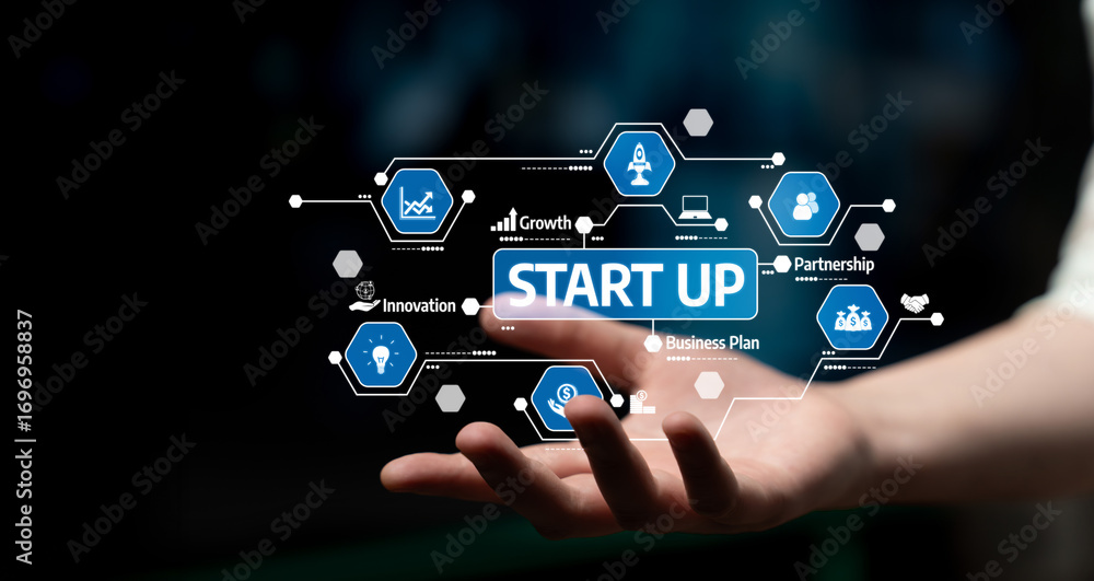 Poster a visual representation of startup concepts featuring a hand holding digital icons. this image symbo