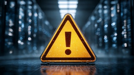 Urgent warning alert sign glowing in a dark server room symbolizes critical system failure or cybersecurity threat