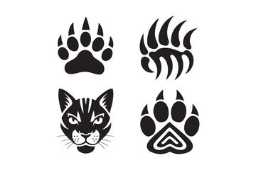 Wild animal paw prints and feline face silhouette set