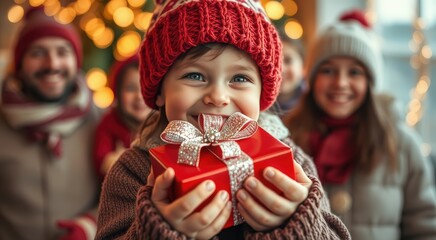 A cheerful child wearing a red hat smiles while holding a beautifully wrapped Christmas gift, surrounded by family in a festive setting.