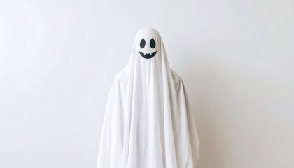 A white ghost costume against a plain white background