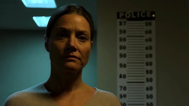 Woman stands for police lineup in dimly lit station background