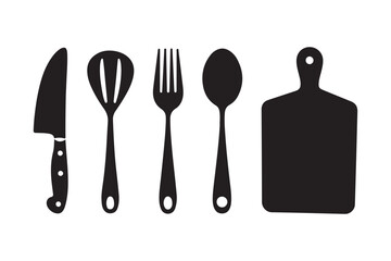 Fototapeta premium Silhouette of kitchen utensils and cutting board on white background