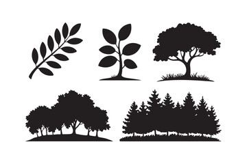 Collection of black silhouette illustrations of trees and plants