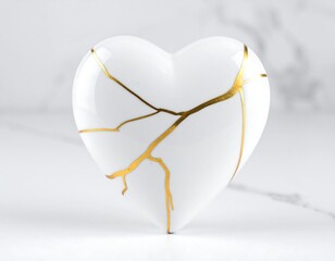 A white heart with gold cracks on a marble surface