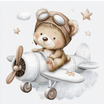 Cute teddy bear pilot on airplane Adorable cartoon teddy bear in pilot helmet sitting in airplane with clouds and stars. Cute children&rsquo;s illustration for nursery wall art, baby shower design, kids roo