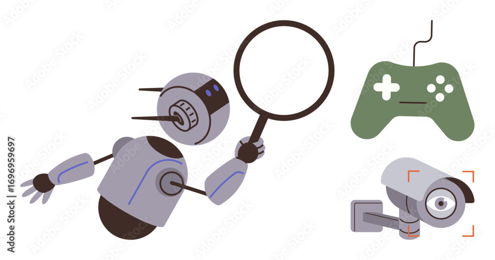 Aufkleber robot inspecting with magnifying glass, green gaming controller, and security camera. ideal for ai, 