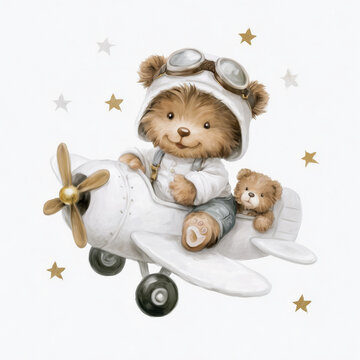 Cute teddy bear pilot on airplane Adorable cartoon teddy bear in pilot helmet sitting in airplane with clouds and stars. Cute children&rsquo;s illustration for nursery wall art, baby shower design, kids roo