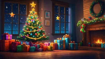 Fototapeta premium A beautifully decorated Christmas tree with wrapped presents next to a fireplace, a festive holiday decoration