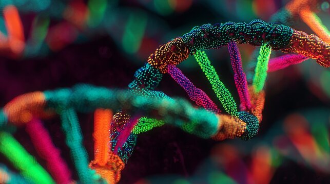Vibrant, glowing DNA helix strands illuminate scientific discovery and genetic research in stunning, colorful detail, representing life's blueprint.