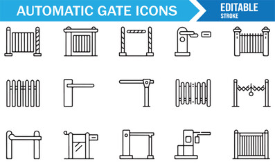 Automatic gate line icon collection with barrier arms, turnstiles, fences, sliding and swing gate designs