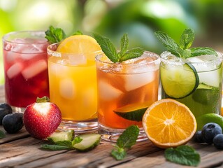 Fototapeta premium A vibrant display of refreshing mixed fruit cocktails garnished with fresh mint and citrus slices on a wooden table