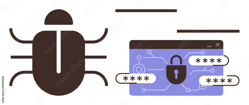 Poster large bug symbol next to a digital screen with a padlock and passwords. ideal for cybersecurity, hac