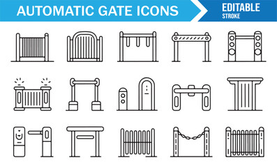 Editable stroke automatic gate icon pack with security entrance barriers, turnstiles, and swing gates