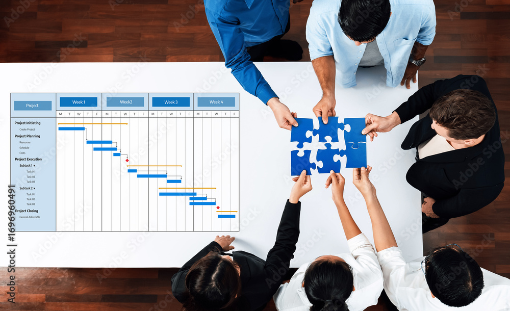 Aufkleber team members collaborate around a project management gantt chart, using puzzle pieces to symbolize s