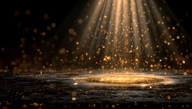 golden confetti rain on festive stage with light bea in the middle, empty roomat night mockup with copy pace for award ceremony, jbilee, New Year's party orproduct presentations