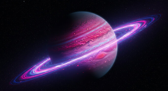 Vibrant Cosmic Planet with Neon Rings Illuminating the Dark Expanse of Space, a Futuristic Vision of an Alien World