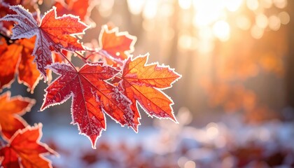 Close up of frosted red maple leaves glowing in winter sunlight, symbolizing seasonal change, autumn to winter transition, beauty of nature, and holiday atmosphere