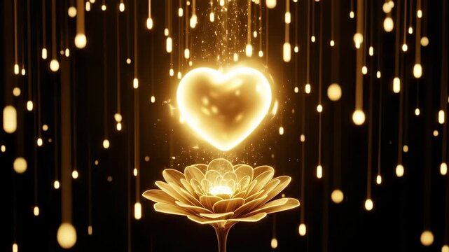 Golden light streams onto a lotus flower transforming into a glowing heart and then returning to the flower, abstract motion concept.