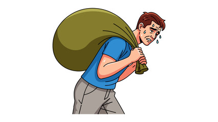 Burden: An individual struggles to carry a heavy sack, his face reflecting the strain and exhaustion of his task. Capturing the emotional and physical toll of being weighed down by responsibility.