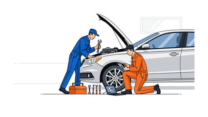 Automotive Repair: Two skilled auto mechanics meticulously diagnose and repair a modern vehicle, showcasing their expertise in a clean and well-lit automotive environment.