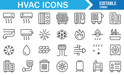 Set of minimalist HVAC outline symbols for air conditioning, heating, cooling, and airflow regulation