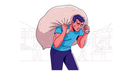  Burden Bearer: A determined figure trudges forward, bearing a heavy sack upon his shoulders, embodying resilience and the weight of responsibility.