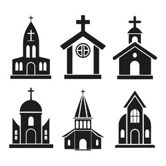 Six Church Building Silhouette Icons With Crosses, Different Architectural Styles and Features
