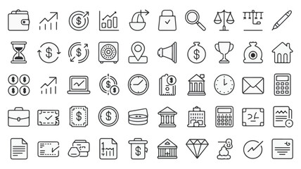Financial icons wallet growth chart money safe location megaphone bag trophy house hourglass coins laptop clock envelope calculator briefcase ticket coin stack bank