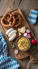 Fototapeta premium Bavarian snack board with white sausages, pretzels, obazda and radishes on rustic wooden background 