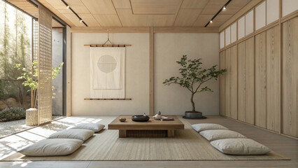 Serene Minimalist Japanese Zen Room Interior Design: Tranquil Space with Natural Light and Wooden Accents.