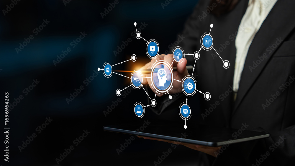 Poster a business professional interacts with a digital network interface on a tablet. the image represents