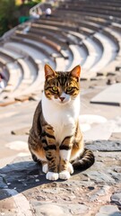 Obraz premium A tabby cat sits atop a stone wall, overlooking a tiered outdoor amphitheater.