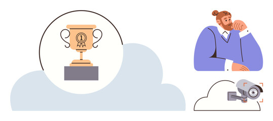 Trophy representing achievement, thoughtful man in blue, cloud backdrop, and security camera. Ideal for competitiveness, recognition, surveillance, motivation, privacy personal growth success in