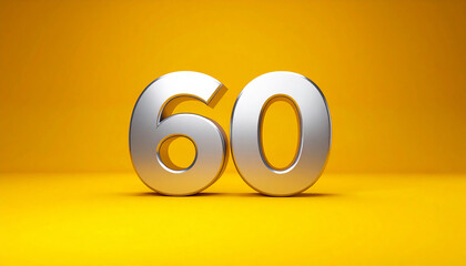 Shiny silver metallic number 60 on deep yellow background. Elegant and premium design.