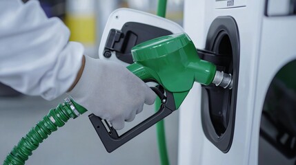 Medium shot of technician in safety gear operating green hydrogen refueling dispenser.