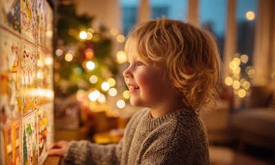 Obraz premium Photo of a joyful toddler opening an Advent calendar window, Christmas lights glowing in the background. Warm family atmosphere, festive tradition captured in cozy winter decor