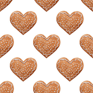 Gingerbread cookies in the shape of a heart, watercolor seamless pattern on a white background. Hand-drawn illustration, Christmas sweets, ginger bread.