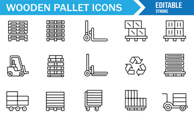 Pallet logistics outline icon pack with forklift, truck, cargo boxes, trolley, and supply chain warehouse vector design