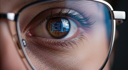 Closeup of a human eye with glasses reflecting computer code