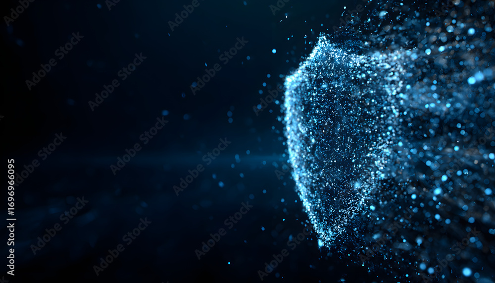Poster futuristic cybersecurity shield in neon-blue pixels isintegrating on dark backround
