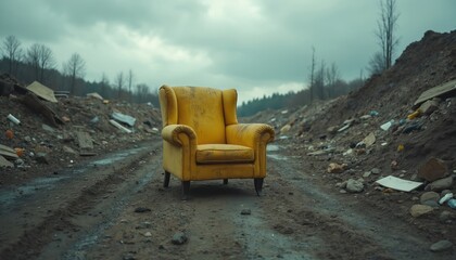 Old yellow armchair in landfill site, surrounded by construction debris, furniture trash. Cloudy sky, nature background. Waste disposal, environmental pollution, ecological disaster. Environmental