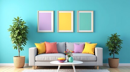 Modern living room with a comfortable gray sofa adorned with colorful throw pillows and three framed abstract art pieces on a vibrant turquoise wall